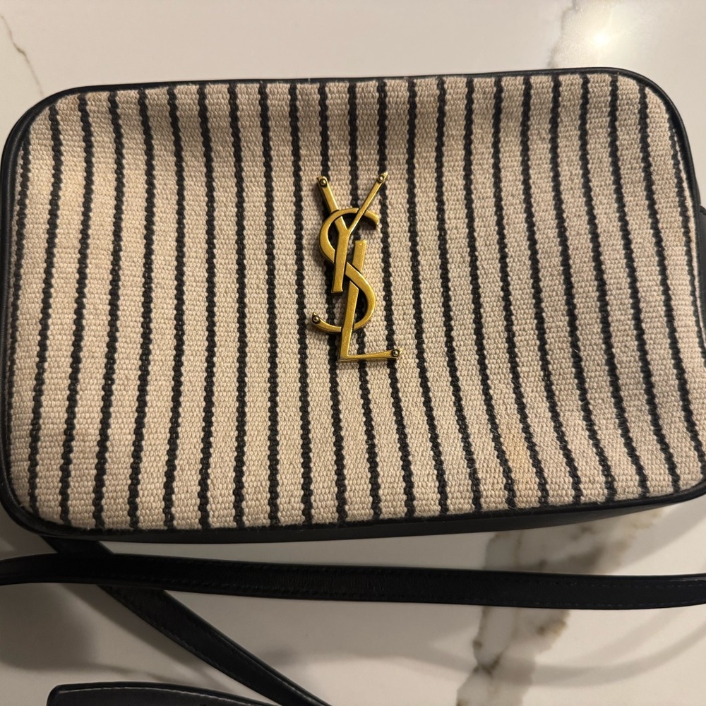 Yves Saint Laurent Black and Cream Crossbody Bag with Iconic Logo